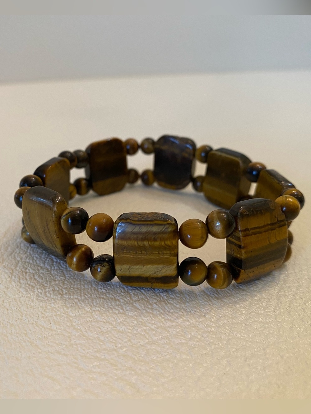 RARE Vintage MCM Brown & Golden Tiger Eye Double-Row Stretch Bangle Bracelet